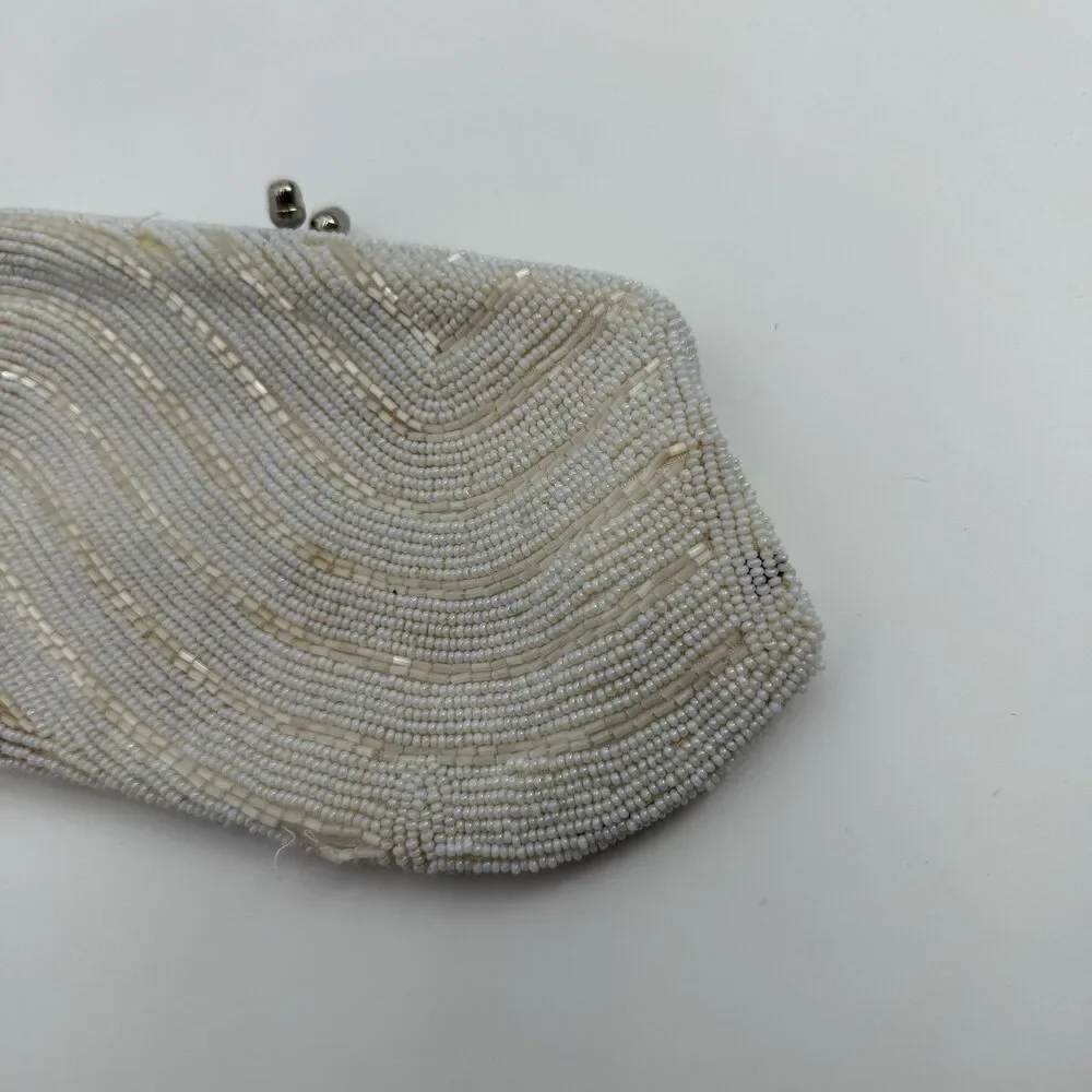 Vintage Unbranded Ivory Beaded Silver Clutch Evening Bag Small Dainty Bridal